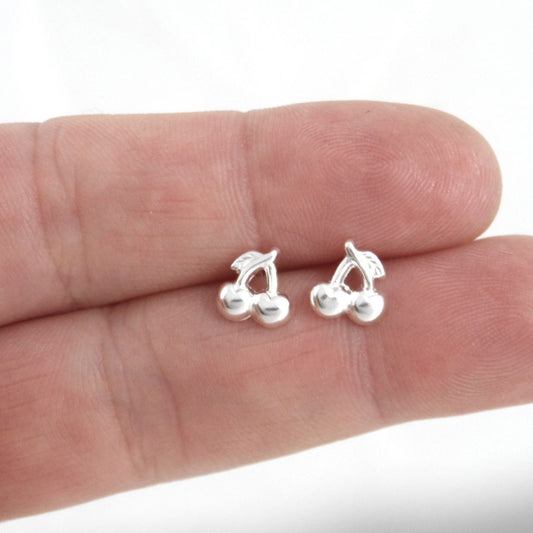 Tiny Cherry Earrings in Sterling Silver, Silver Studs, Tiny Cherry Studs, Cartilage Studs, Small Studs, Dainty Earrings, Kids Earrings