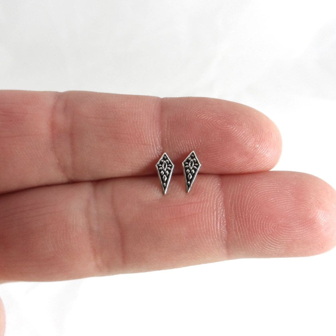 Tiny Diamond Shaped Studs in Sterling Silver, Delicate Sterling Earrings, Silver Studs, Minimalist Earrings, Dainty Earrings, Cartilage Stud