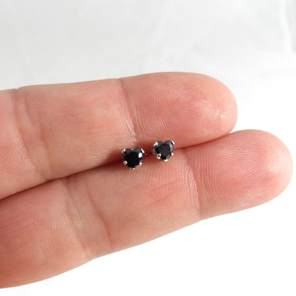 Black Heart Earrings in Sterling Silver-4mm