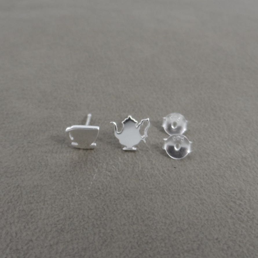 Teacup & Kettle Earrings in Sterling Silver, Teacup Earrings, Kettle Studs, Teapot Studs, Sterling Silver Earrings, Mismatched Studs