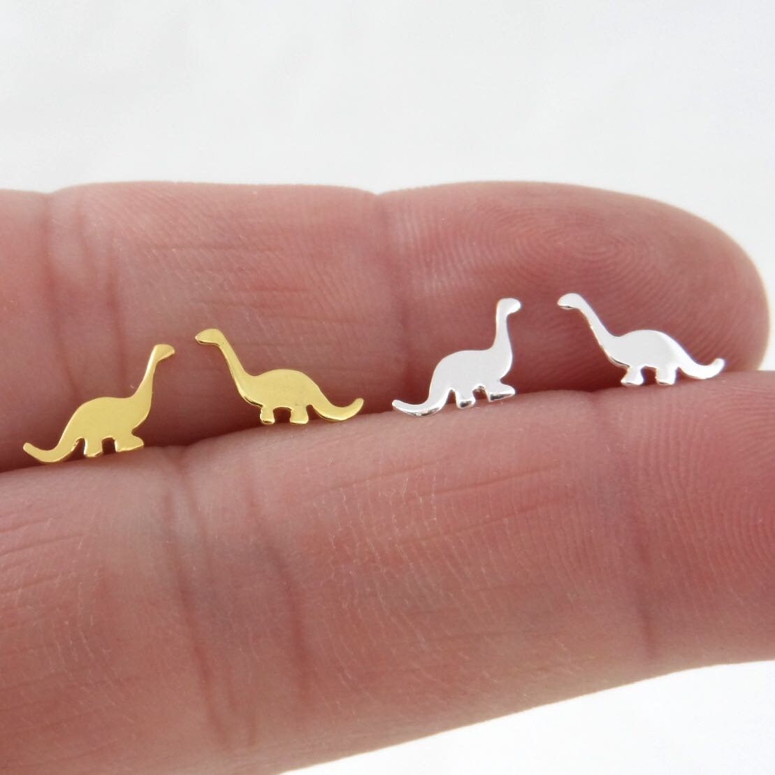 Tiny Dinosaur Earrings in Sterling Silver, Brontosaurus Earrings, Sterling Silver Dinosaur, Gold Dinosaur Earrings, Kids Earrings