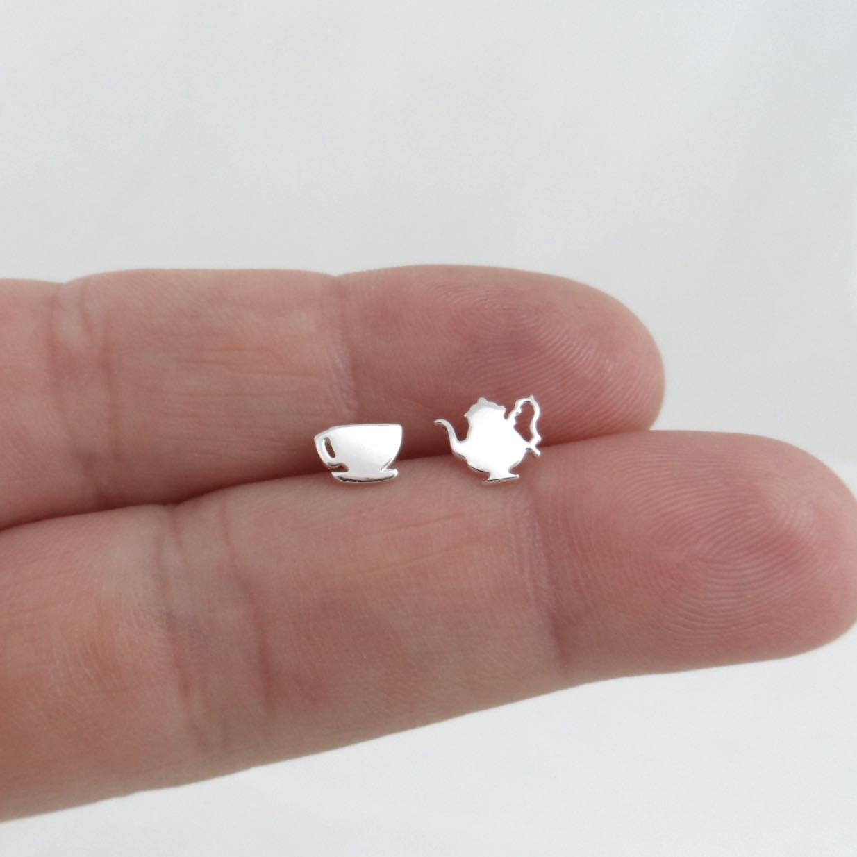 Teacup & Kettle Earrings in Sterling Silver, Teacup Earrings, Kettle Studs, Teapot Studs, Sterling Silver Earrings, Mismatched Studs