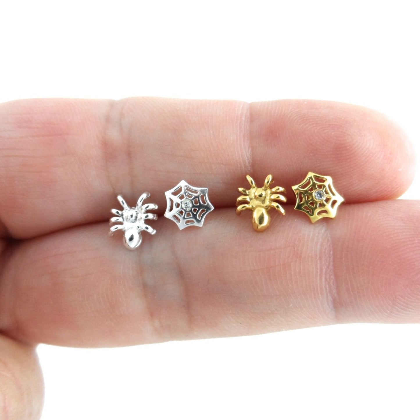 Tiny Spider & Web Earrings in Sterling Silver, Tiny Spider Studs, Spiderweb Earrings, Multiple Piercings, Halloween Earrings, Tiny Earrings