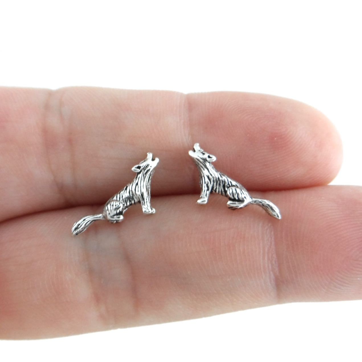 Wolf Earrings In Sterling Silver, Howling Wolf Earrings, Wolf Studs, Kids Earrings, Dainty Earrings, Cartilage Stud,Sterling Silver Studs