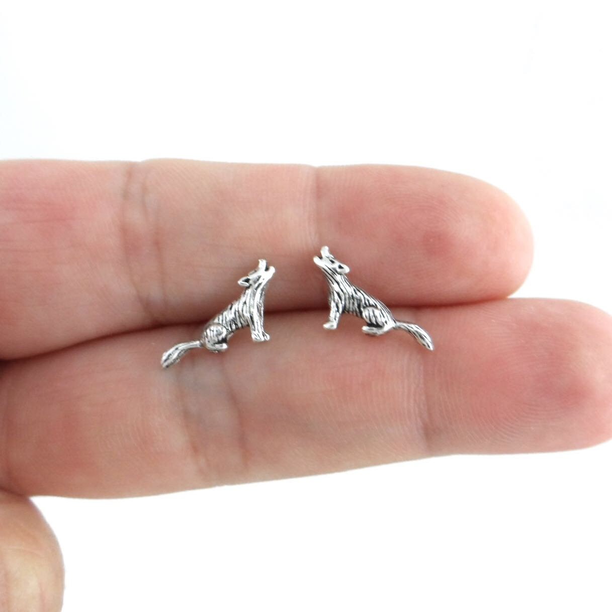 Wolf Earrings In Sterling Silver, Howling Wolf Earrings, Wolf Studs, Kids Earrings, Dainty Earrings, Cartilage Stud,Sterling Silver Studs