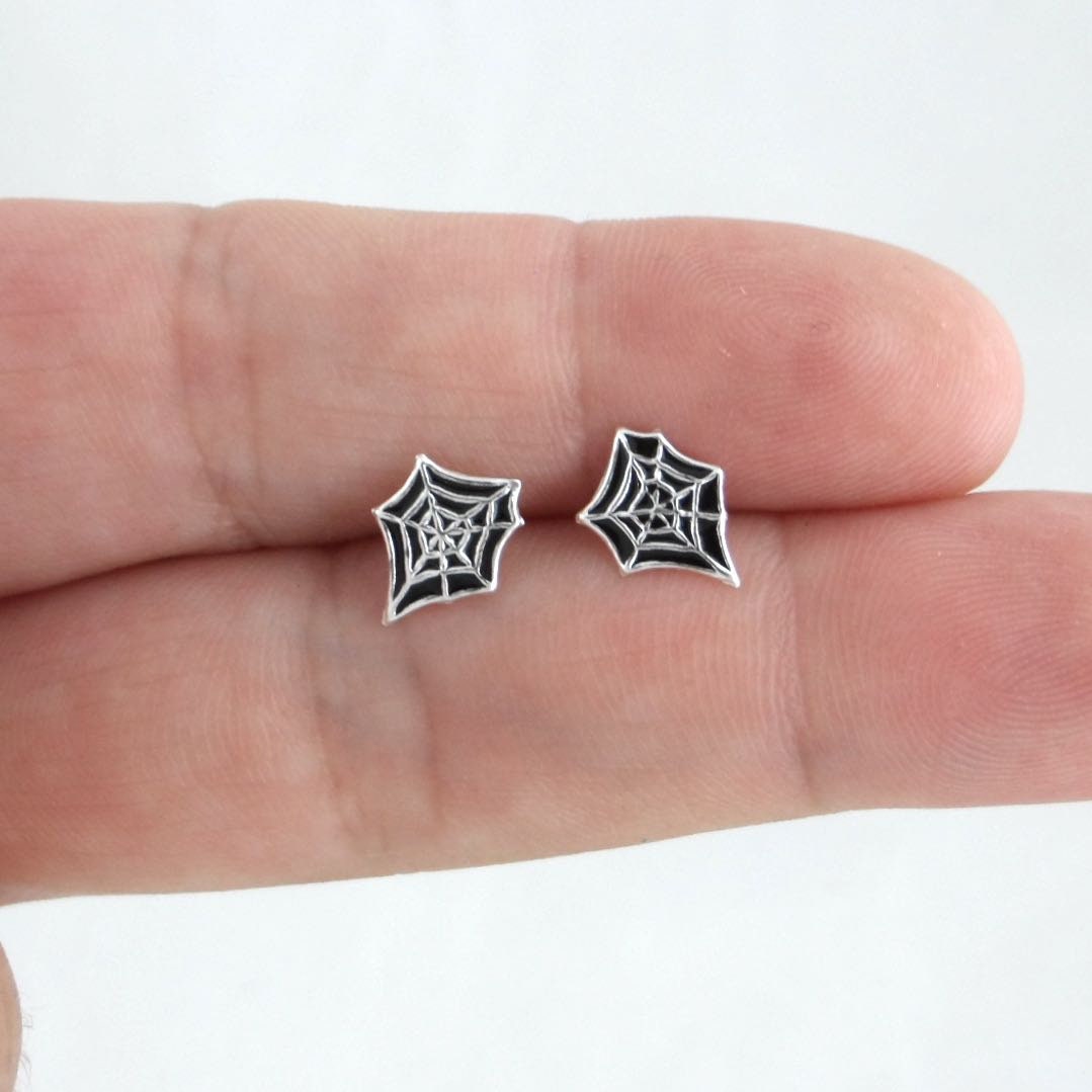 Tiny Spider Web Earrings in Sterling Silver, Spider Web Studs, Silver Spiderweb Studs, Tiny Silver Studs, Sterling Studs, Halloween Earrings