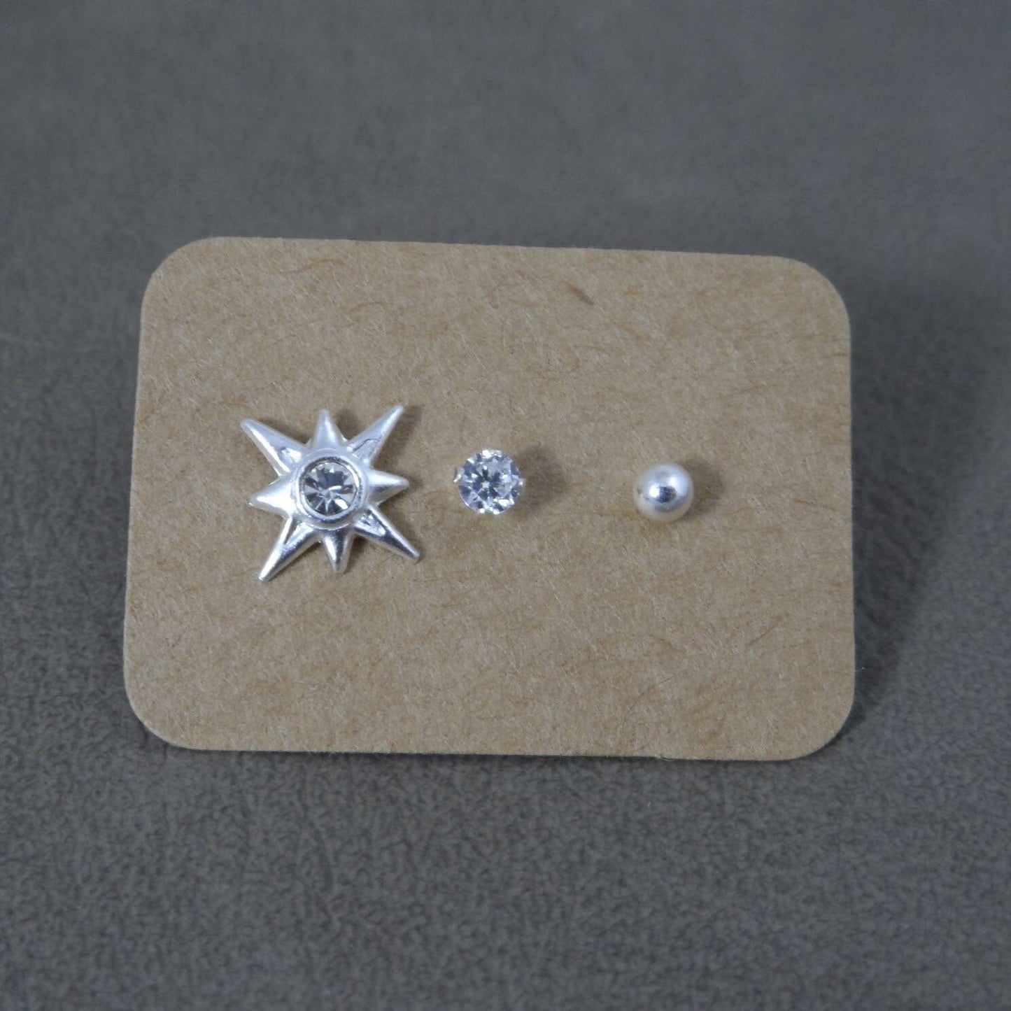 3 SINGLE Earrings-Star, Cubic Zirconia and 3mm Ball Stud