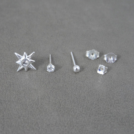 3 SINGLE Earrings-Star, Cubic Zirconia and 3mm Ball Stud