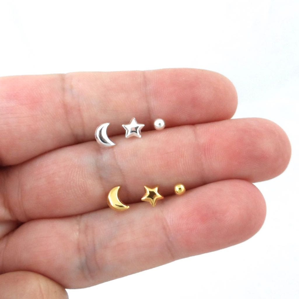 Star & Moon Earrings Set in Sterling Silver