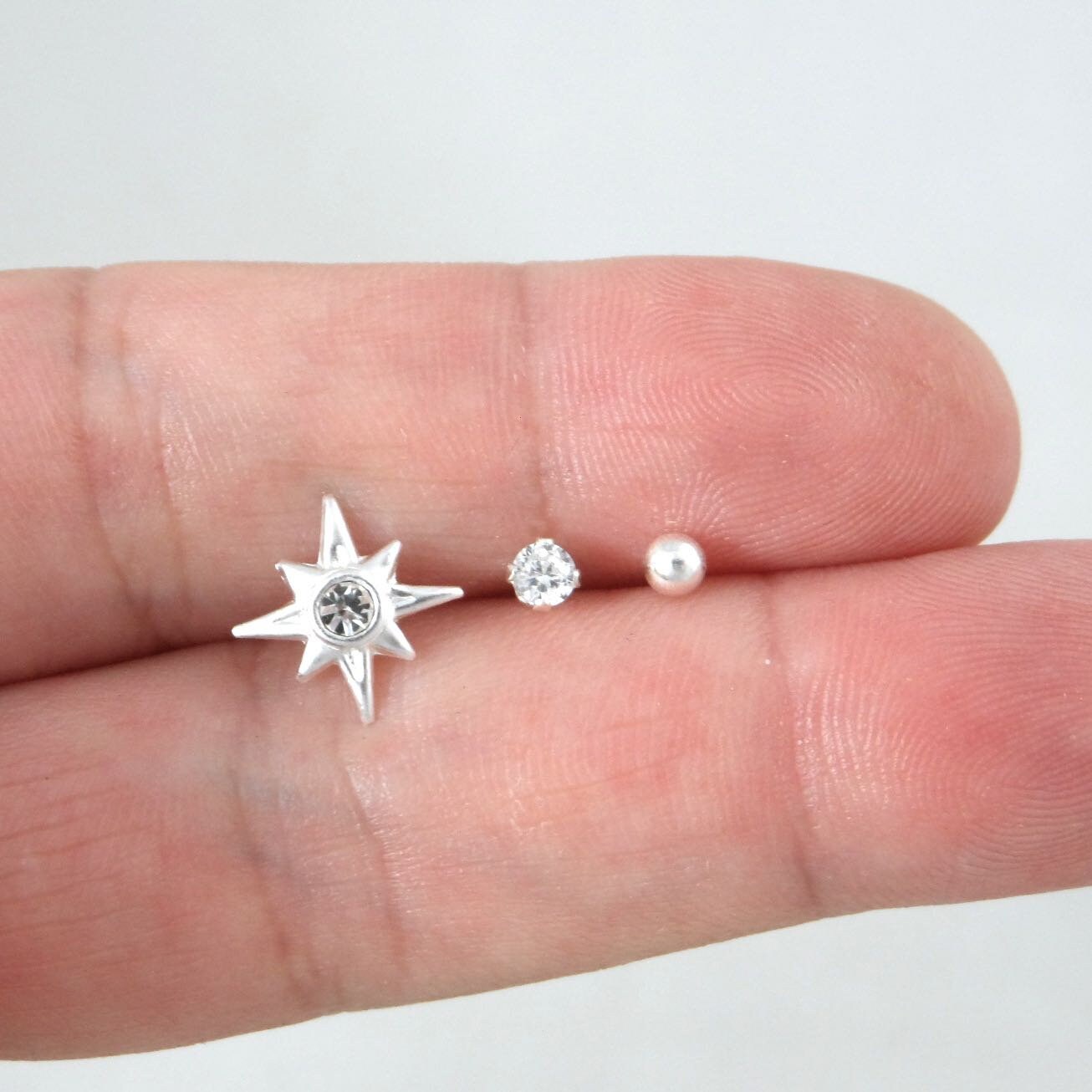 3 SINGLE Earrings-Star, Cubic Zirconia and 3mm Ball Stud