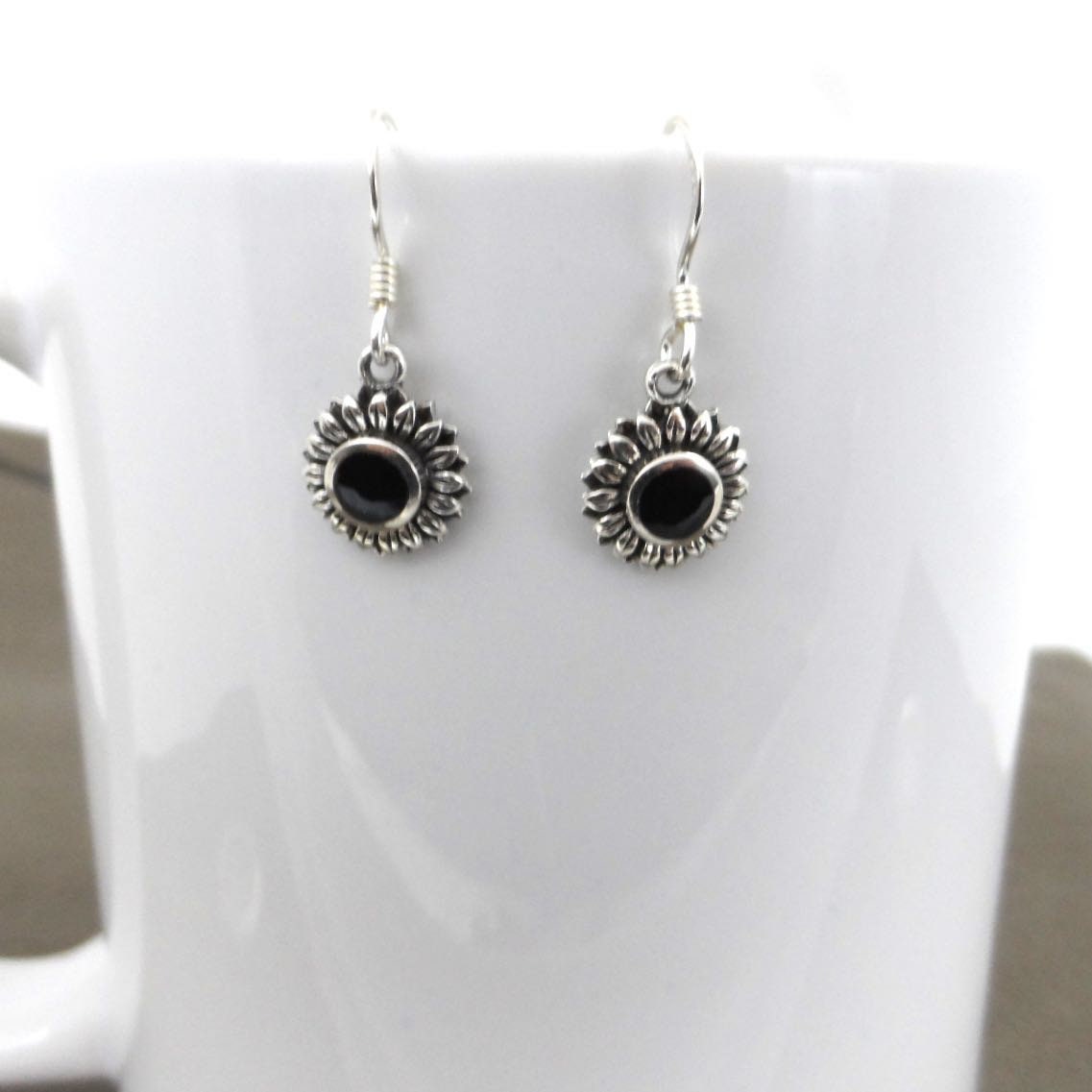 Onyx Sunflower Sterling Silver Dangle Earrings