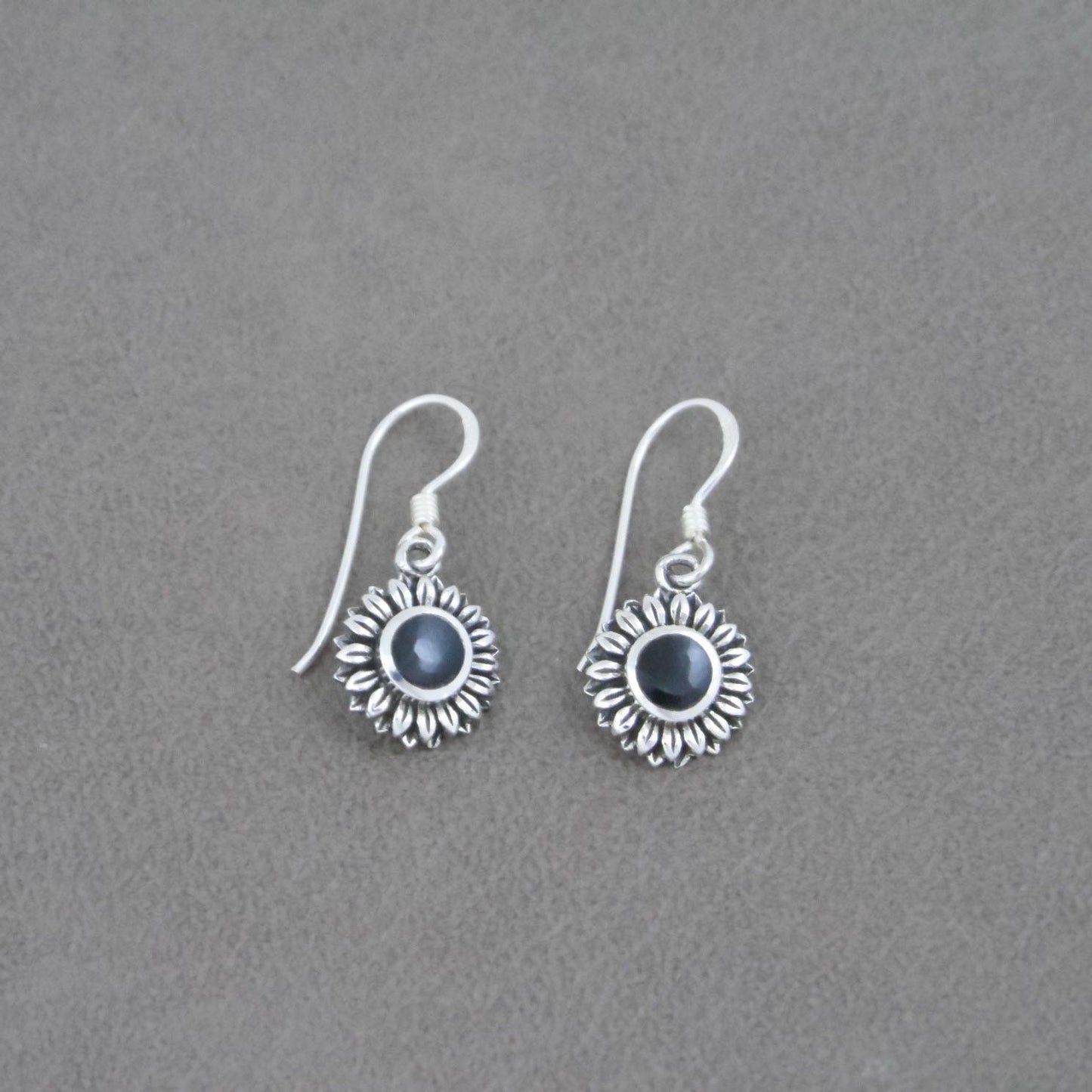 Onyx Sunflower Sterling Silver Dangle Earrings