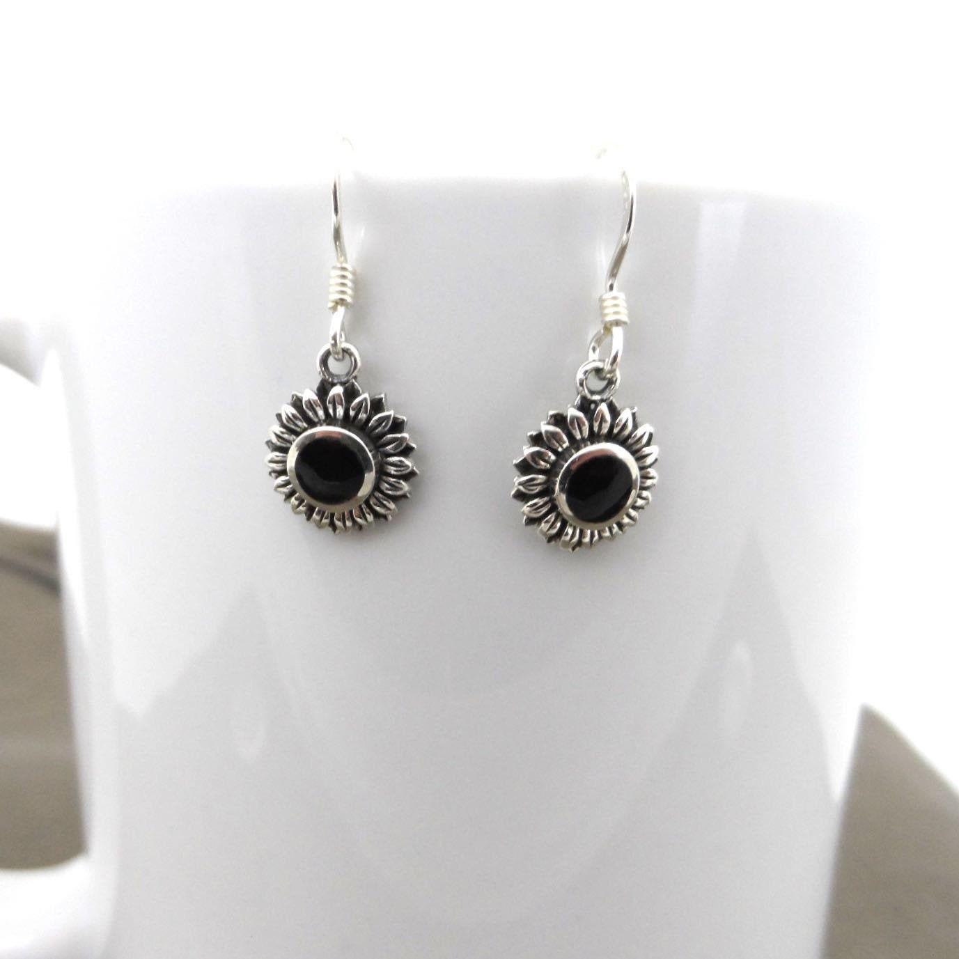 Onyx Sunflower Sterling Silver Dangle Earrings