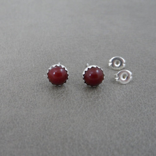 Deep Red Studs in Sterling Silver, Red Stud Earrings, 6mm Earrings, Sterling Silver Deep Red Earrings, Minimalist Studs, Boho Earrings