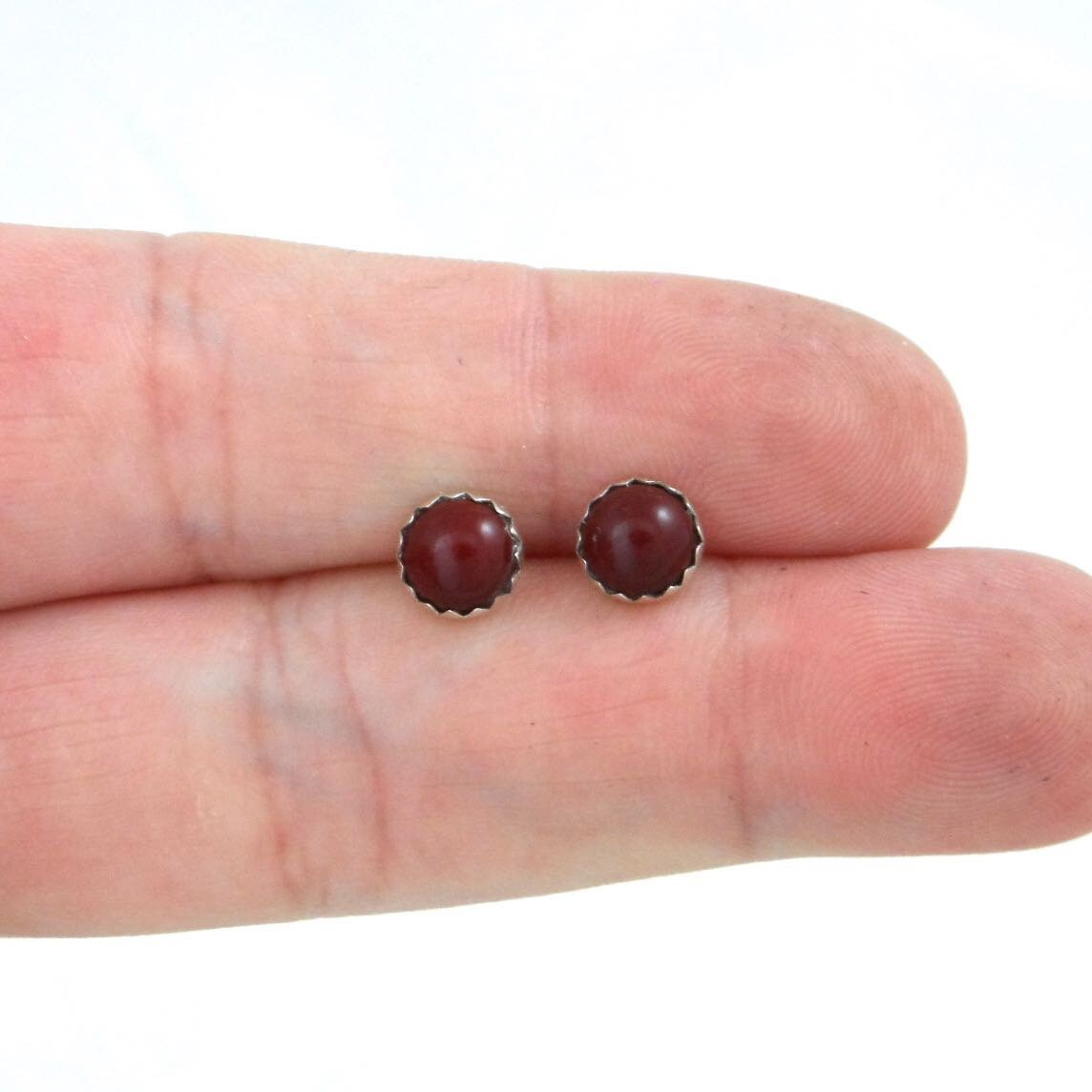 Deep Red Studs in Sterling Silver, Red Stud Earrings, 6mm Earrings, Sterling Silver Deep Red Earrings, Minimalist Studs, Boho Earrings