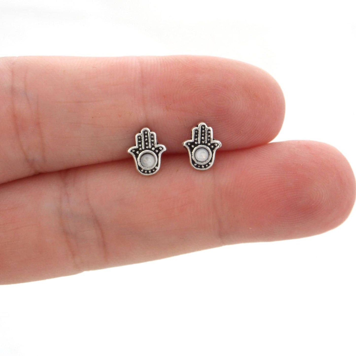 Hamsa Stud Earrings in Sterling Silver-White