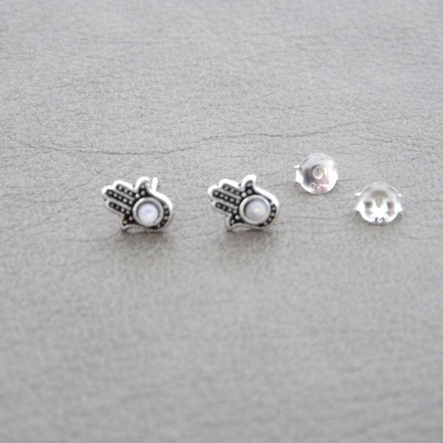 Hamsa Stud Earrings in Sterling Silver-White