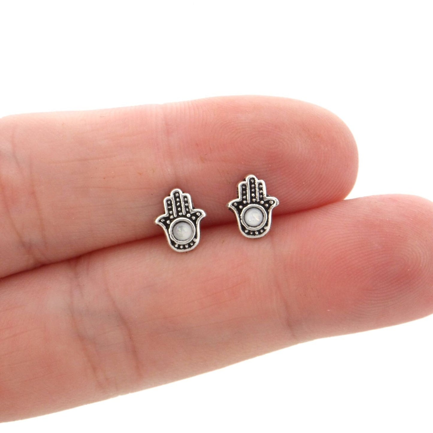 Hamsa Stud Earrings in Sterling Silver-White