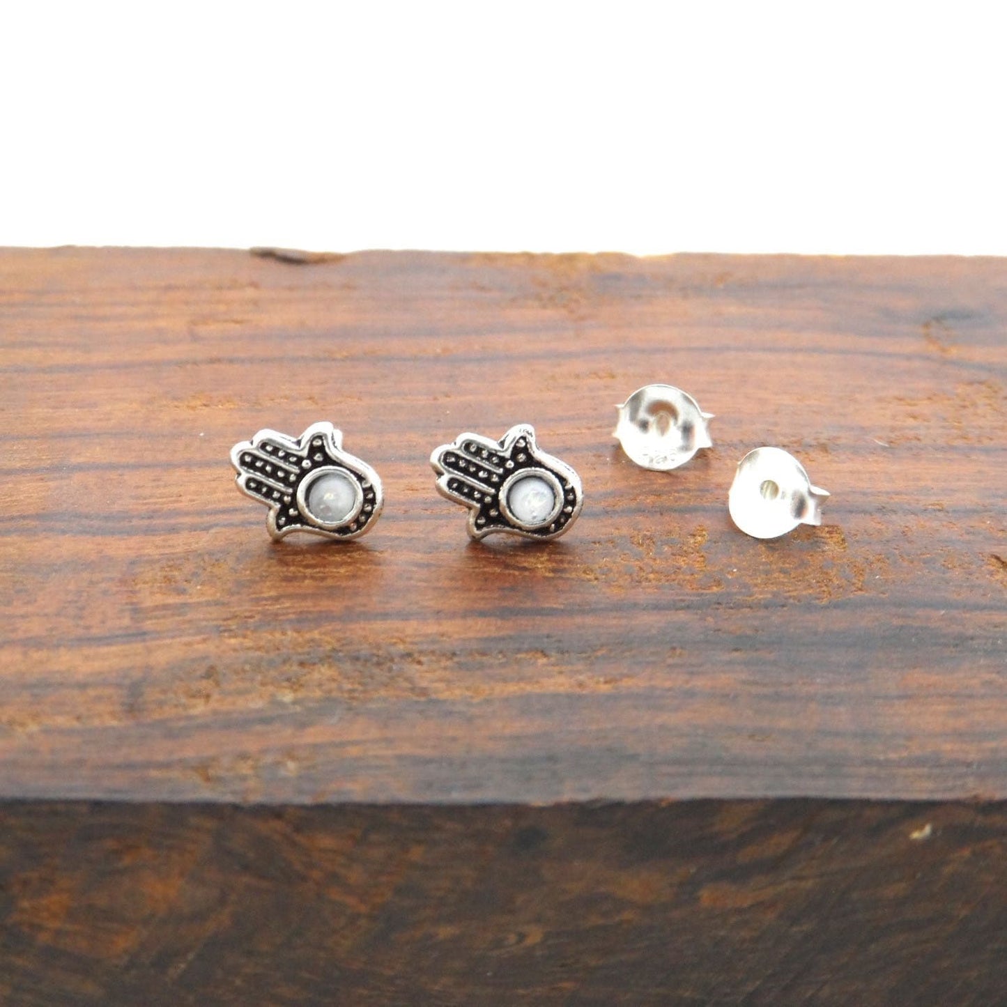 Hamsa Stud Earrings in Sterling Silver-White