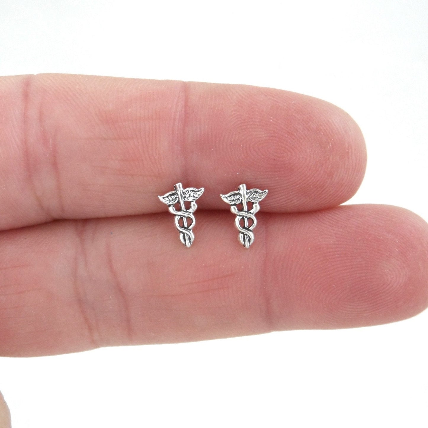 Mini Caduceus Sterling Silver Stud Earrings