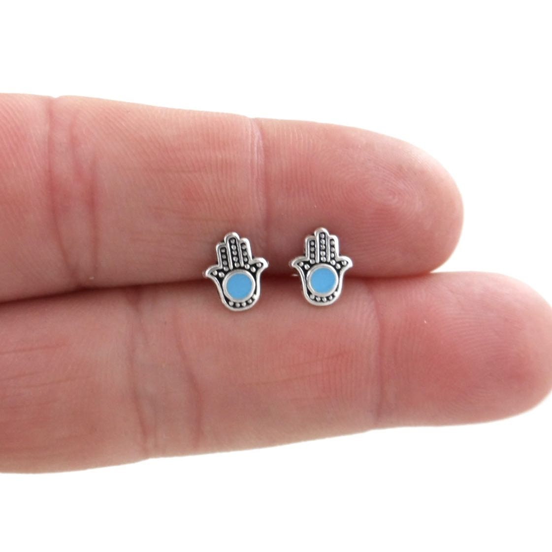 Blue Hamsa Stud Earrings in Sterling Silver