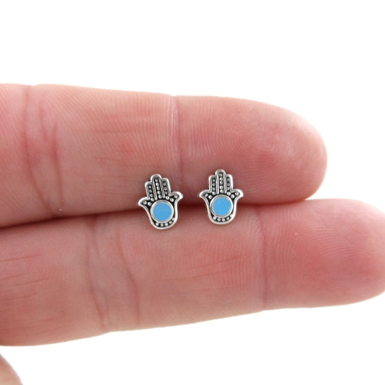 Blue Hamsa Stud Earrings in Sterling Silver