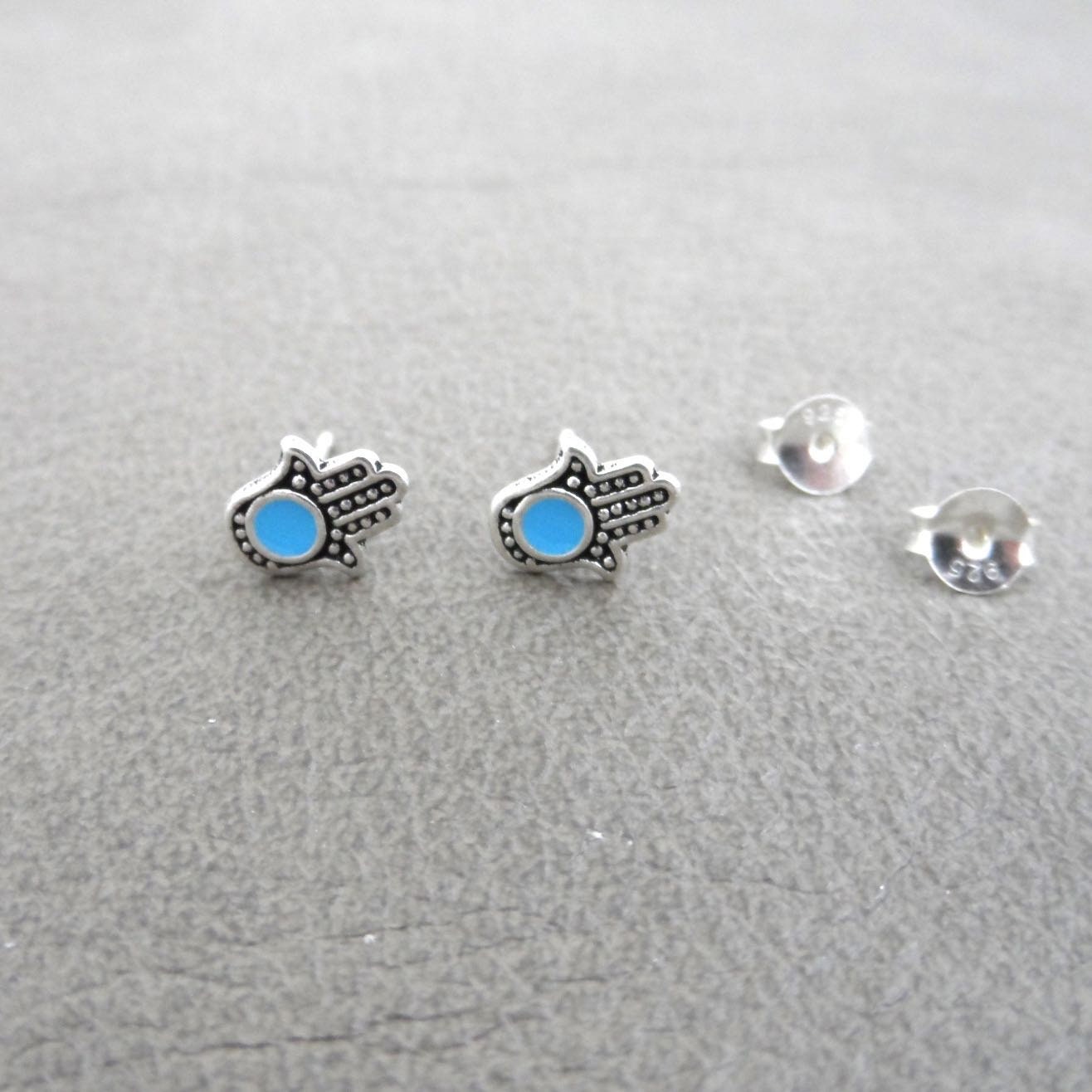 Blue Hamsa Stud Earrings in Sterling Silver