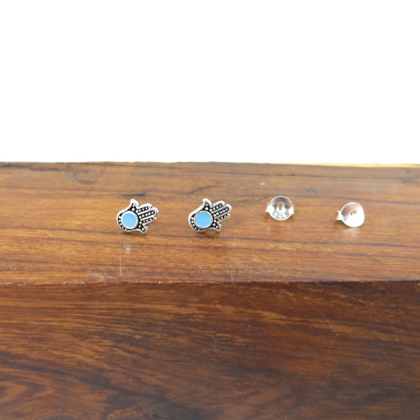 Blue Hamsa Stud Earrings in Sterling Silver