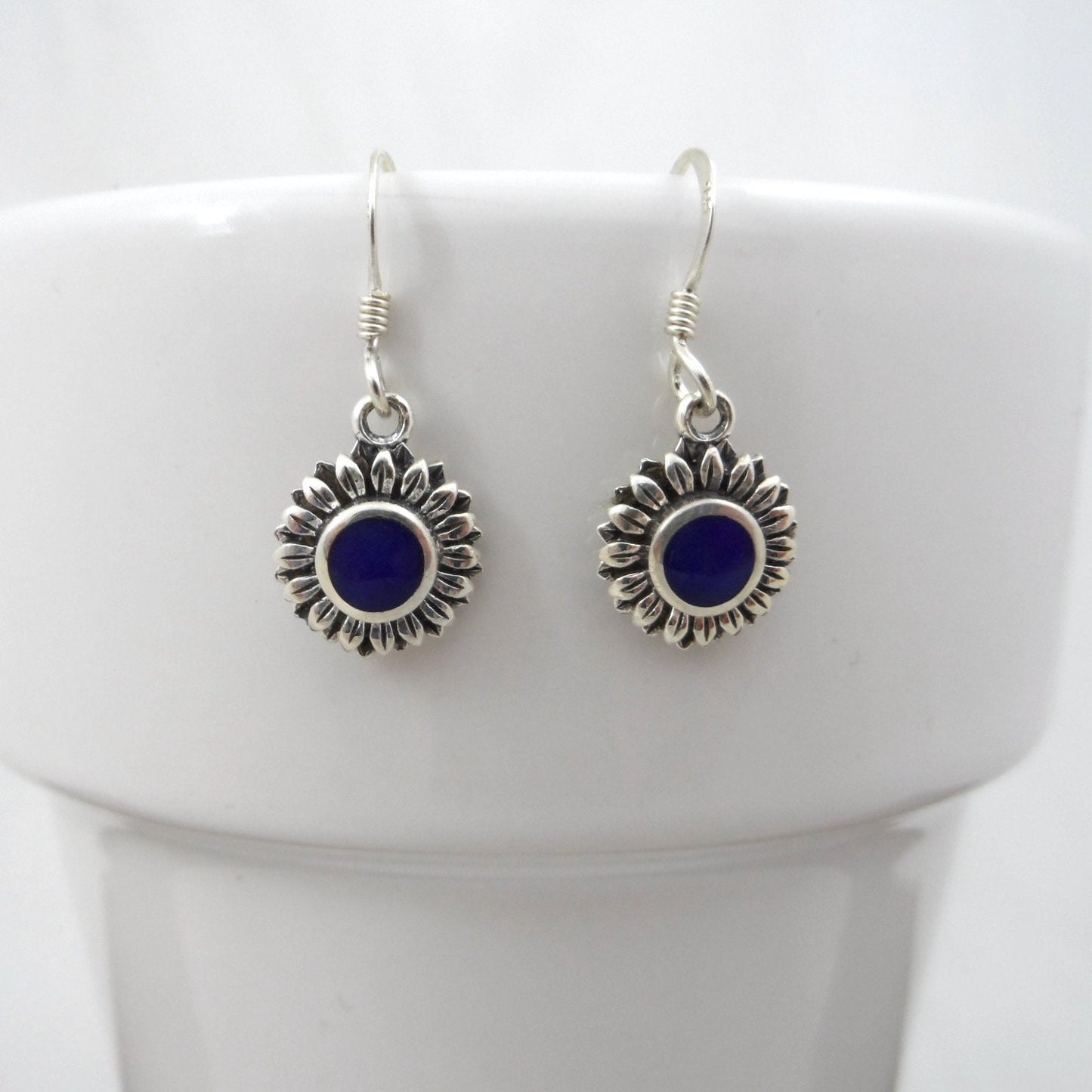 Lapis Sunflower Earrings in Sterling Silver