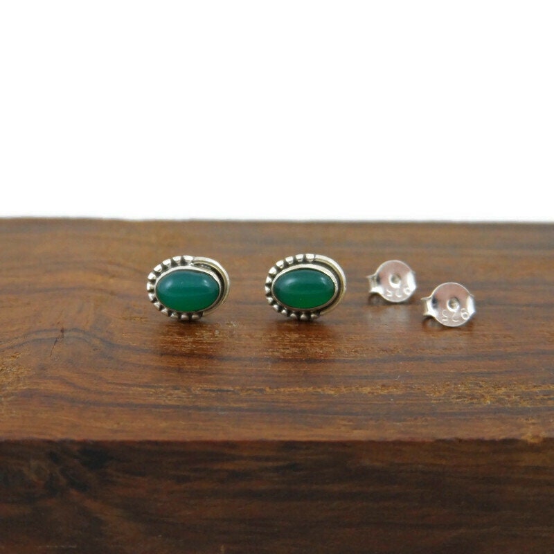 Green Obsidian Oval Earrings in Sterling Silver