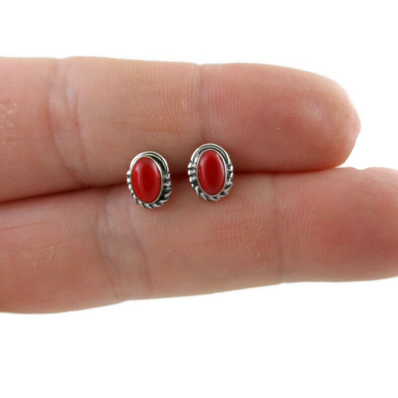 Coral Oval Stud Earrings in Sterling Silver