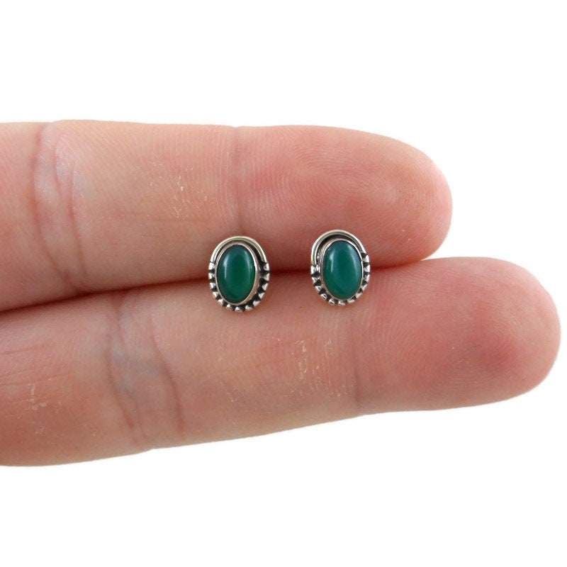 Green Obsidian Oval Earrings in Sterling Silver