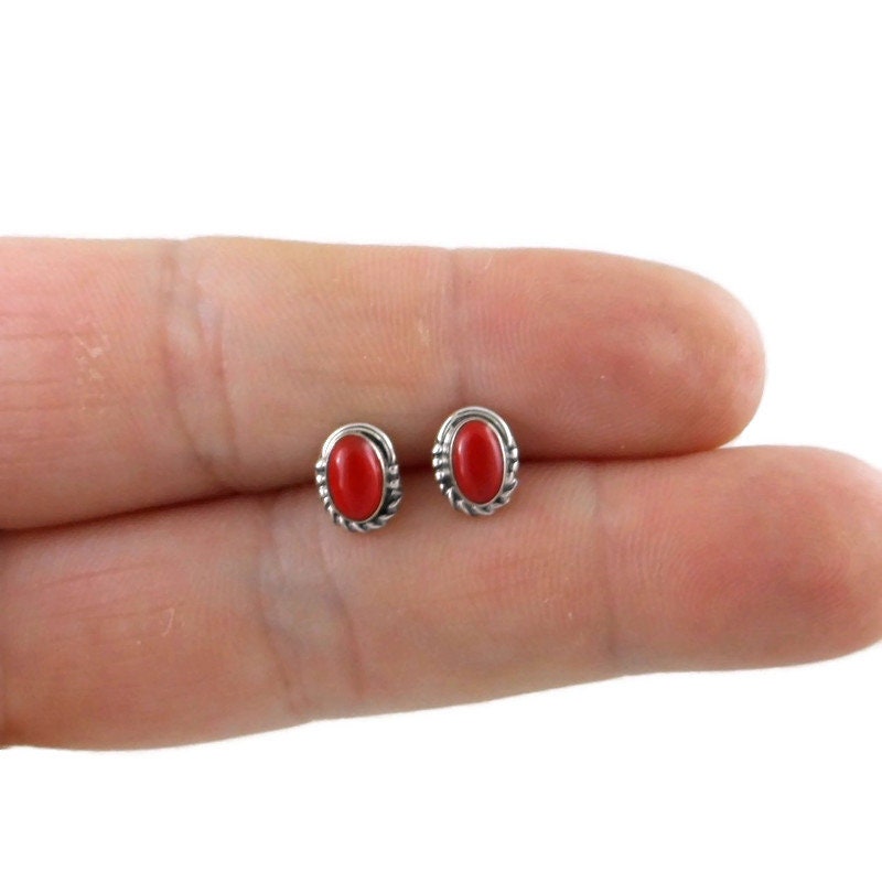 Coral Oval Stud Earrings in Sterling Silver