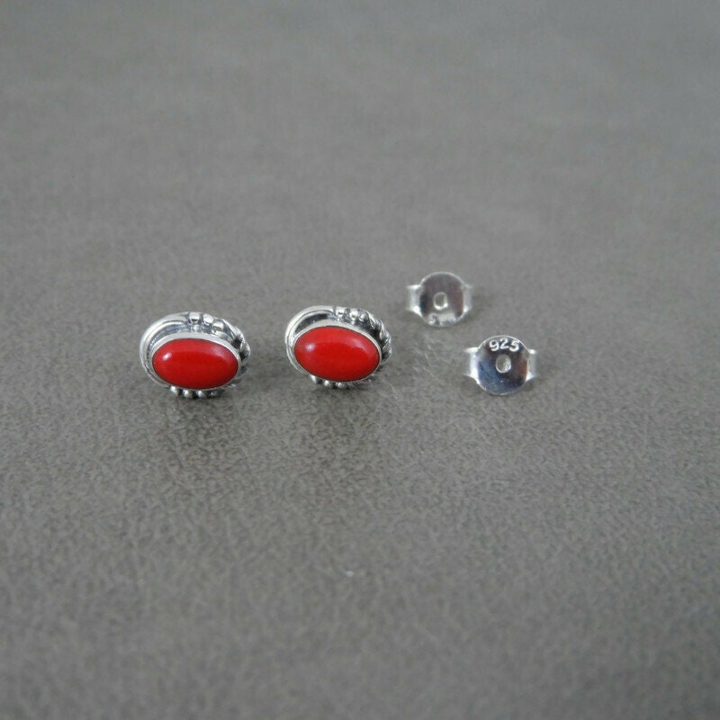 Coral Oval Stud Earrings in Sterling Silver