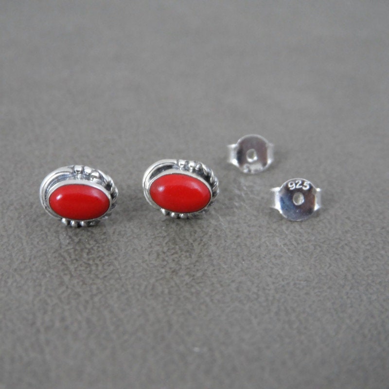 Coral Oval Stud Earrings in Sterling Silver