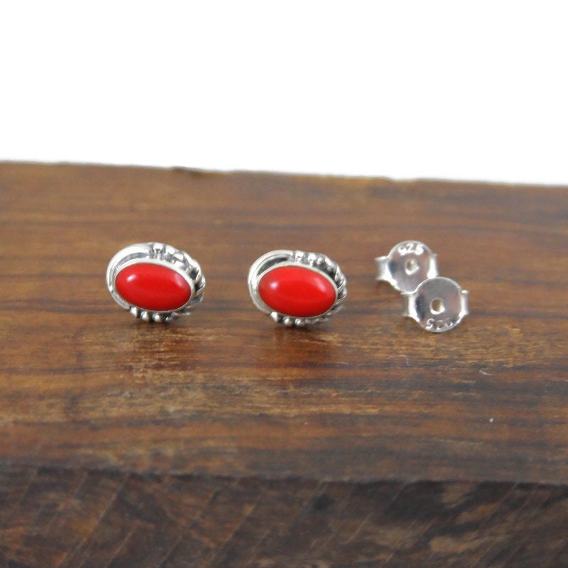 Coral Oval Stud Earrings in Sterling Silver