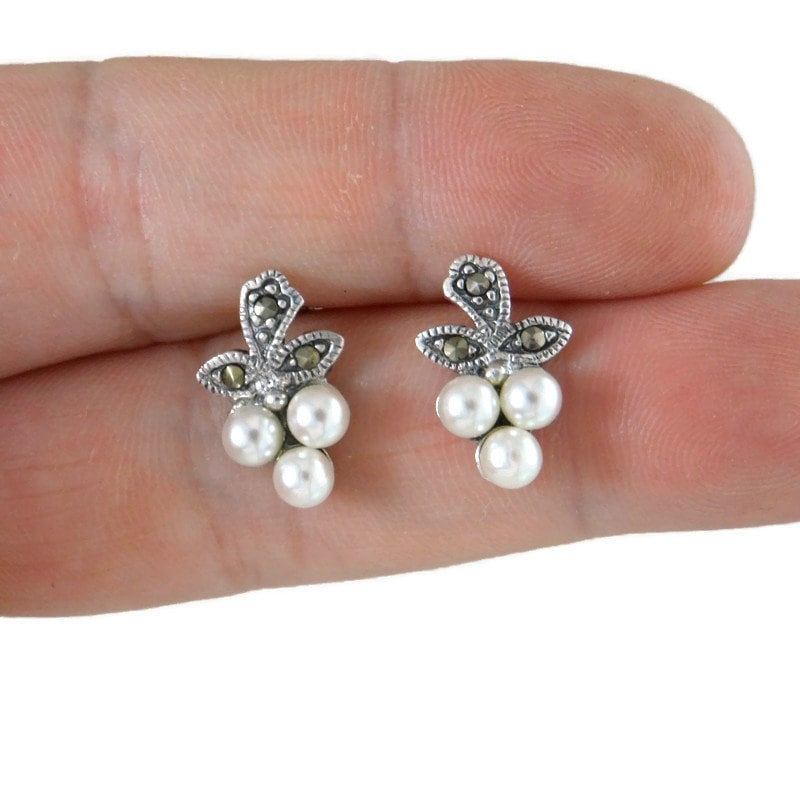 Marcasite Pearl Earrings in Sterling Silver