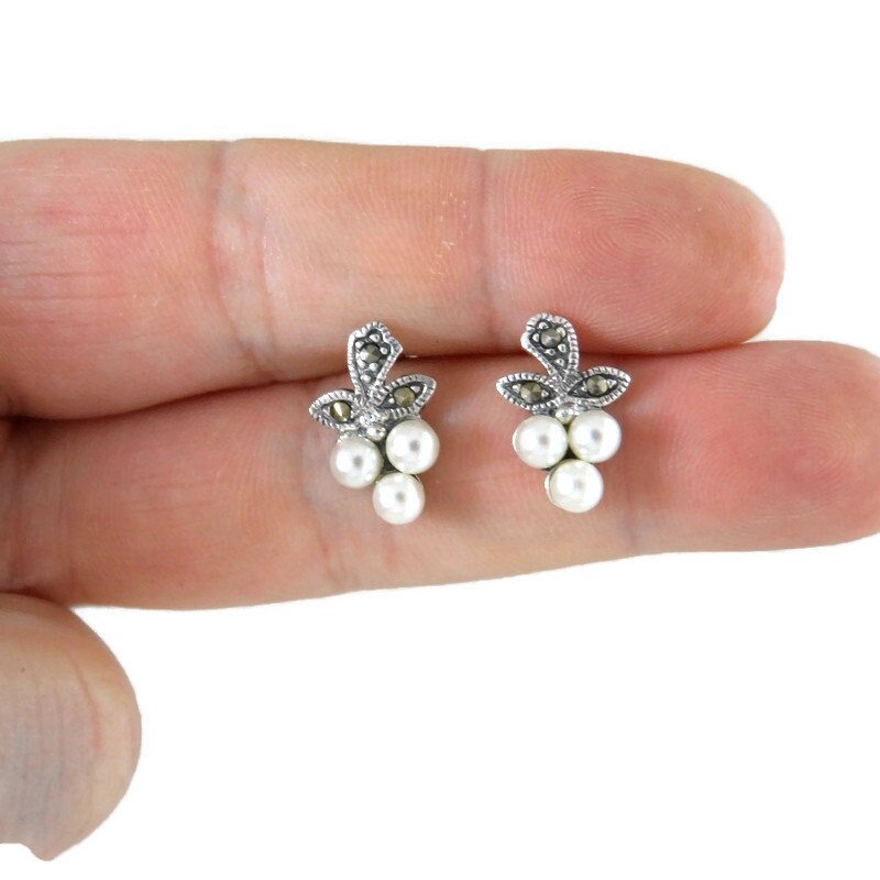 Marcasite Pearl Earrings in Sterling Silver