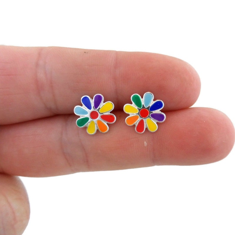 Rainbow Flower Earrings in Sterling Silver