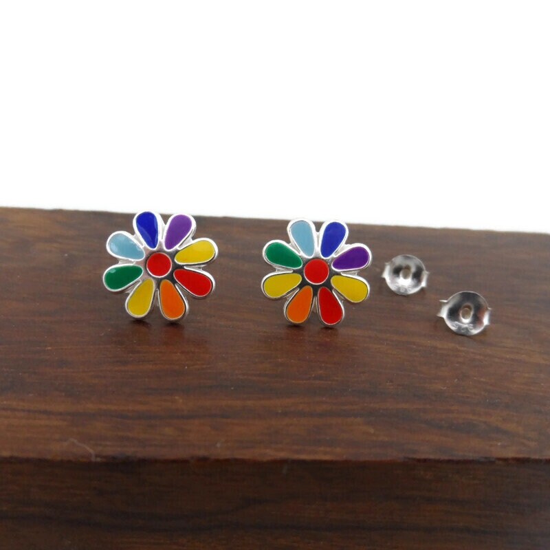 Rainbow Flower Earrings in Sterling Silver