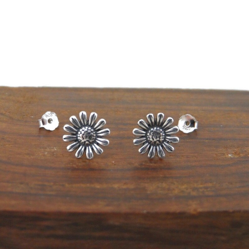 Sunflower Earrings in Sterling Silver, Silver Sunflower Studs, Flower Earrings, Tiny Studs, Kids Earrings, Floral Earrings, Dainty Earrings