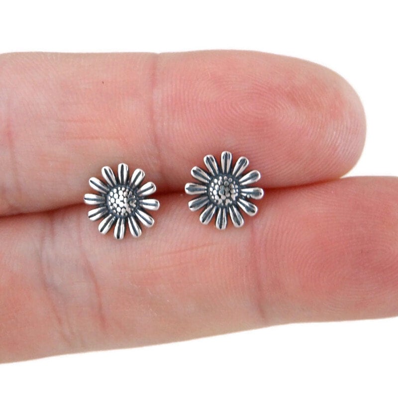 Sunflower Earrings in Sterling Silver, Silver Sunflower Studs, Flower Earrings, Tiny Studs, Kids Earrings, Floral Earrings, Dainty Earrings