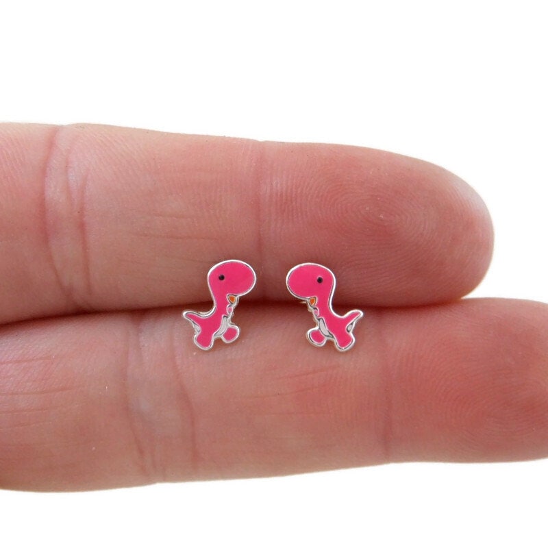 Pink Dinosaur Earrings in Sterling Silver