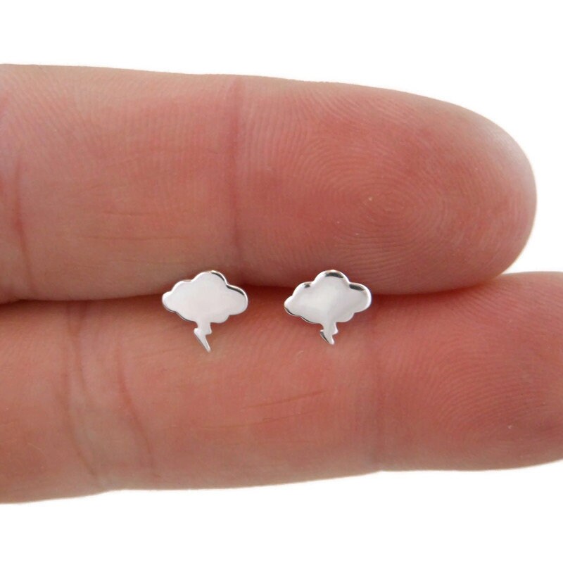 Thunderbolt Cloud Earrings in Sterling Silver, Lightning Earrings, Cloud Earrings, Thunderbolt Earrings, Tiny Earrings