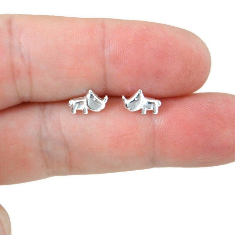 Tiny Rhino Earrings in Sterling Silver, Rhinoceros Earrings, Rhino Studs, Animal Earrings, Kids Earrings, Small Silver Studs, Rhino Jewelry