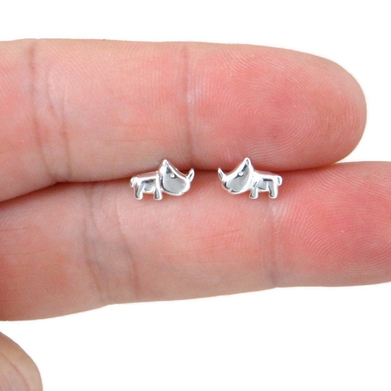 Tiny Rhino Earrings in Sterling Silver, Rhinoceros Earrings, Rhino Studs, Animal Earrings, Kids Earrings, Small Silver Studs, Rhino Jewelry