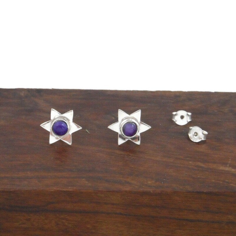 Charoite Star Earrings in Sterling Silver