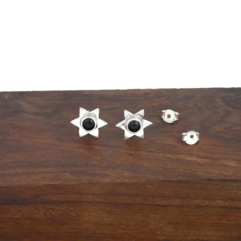 Onyx Star Earrings in Sterling Silver