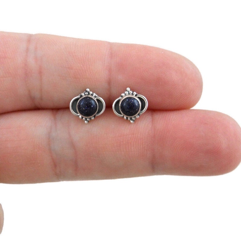 Black Aventurine Ornate Earrings in Sterling Silver