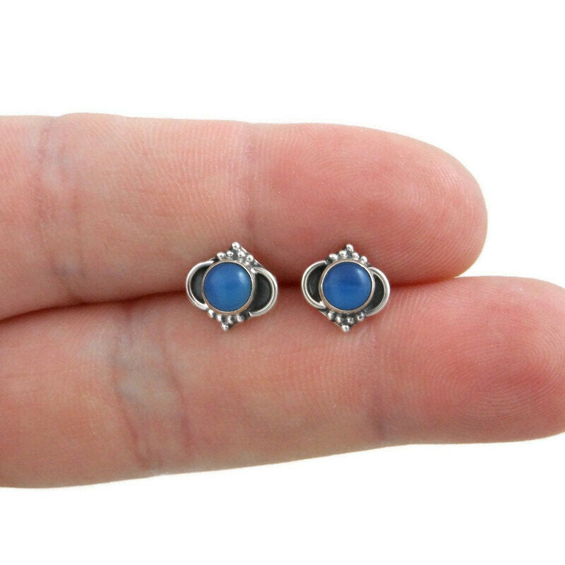 Blue Chalcedony Ornate Earrings in Sterling Silver